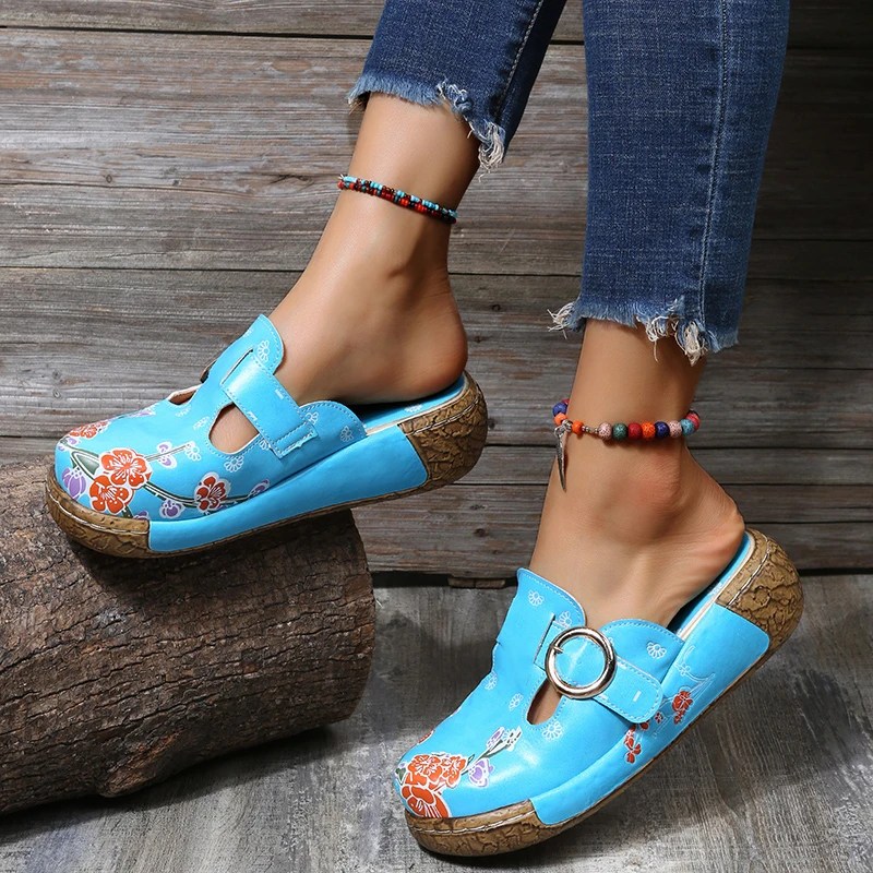 2022 New Summer Women\'s Slippers Fashion Graffiti Flower Sandals Thick Sole Casual Shoes Buckle Flat Sandals Women Slippers