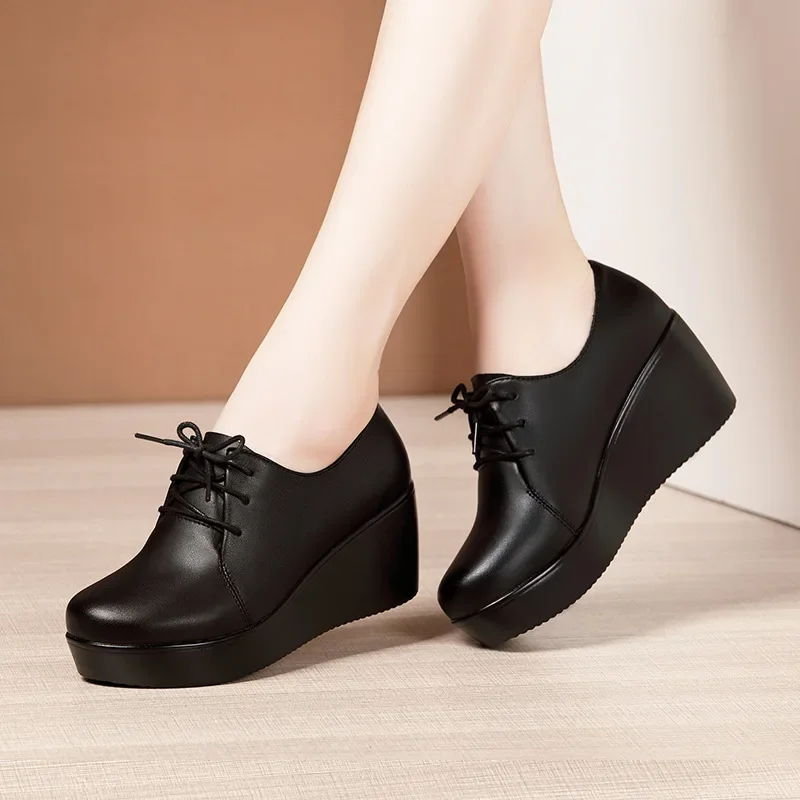 6cm Small Size 32-43 Deep Mouth Platform Pumps Women Oxfords Leather Fall 2024 Med Heels Wedges Shoes for Office Mom Dance Work