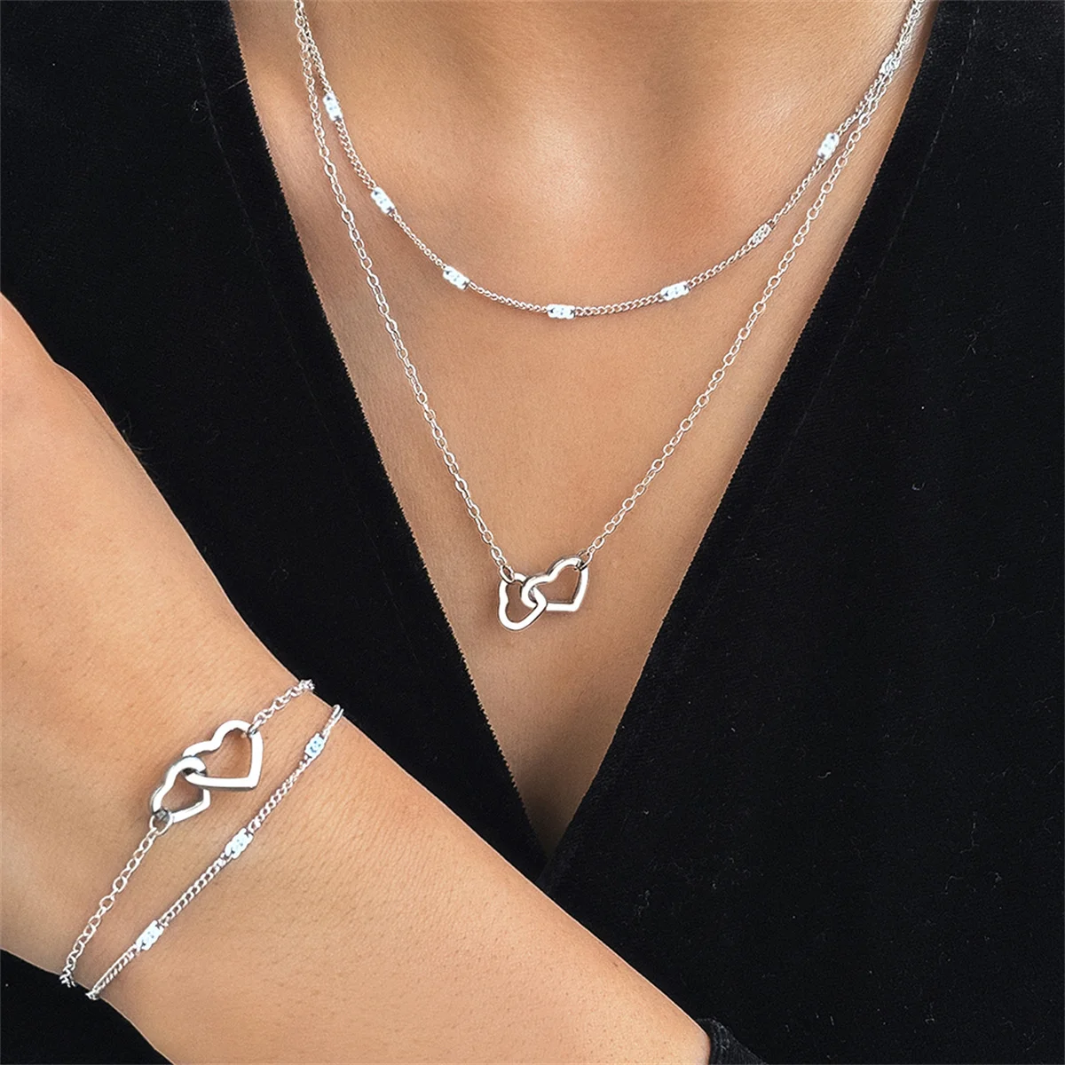 Stainless Steel Love Jewelry Set High-End Double Chain Necklace & Bracelet for Women