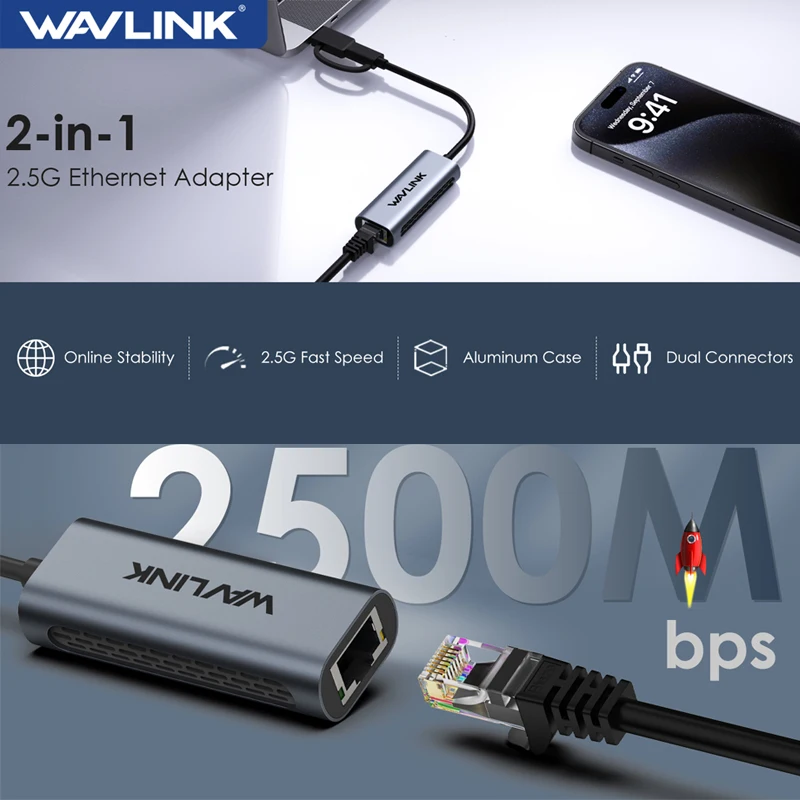 WAVLINK USB C to 2.5G External Ethernet Gigabit Adapter Type C to 5G Network Card RJ45 LAN 2.5Gbps USB 3.0 Converter For Mac OS