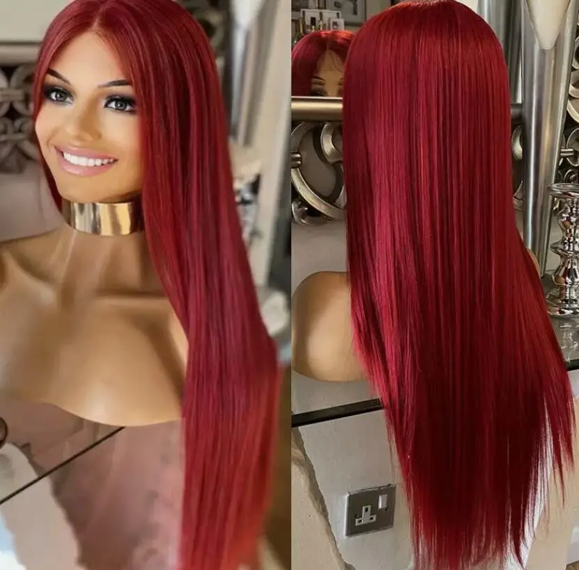 

T Lace Front Wigs Long Straight Wine Red Synthetic Hair Heat Resistant