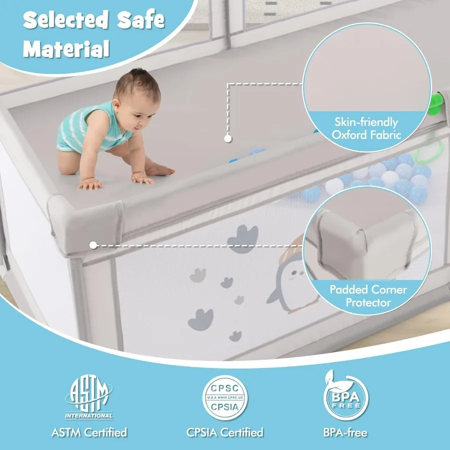 Baby Playpen 81 x 57.5 Extra Large Baby Gate Playpen w/ 50 Ocean Balls Indoor and Outdoor Safety Play Yard Baby Fence w/Breatha