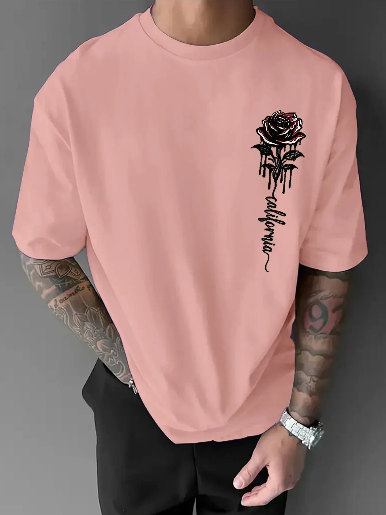 Men Oversized Crew Neck T‑Shirt, Dripping Rose California Chest Graphic Short Sleeve Tee, Casual Streetwear Aesthetic Loose Tops