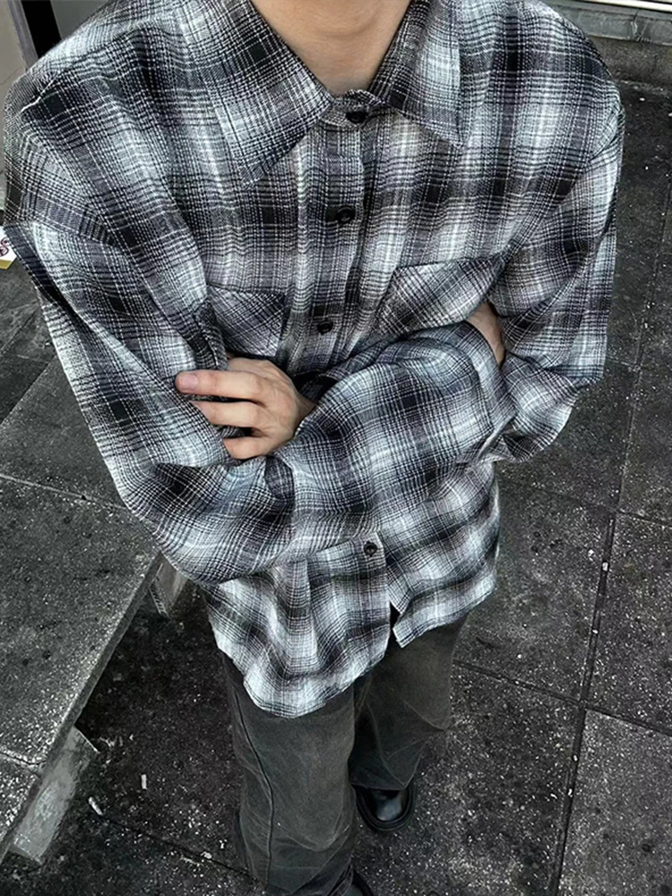 

American Retro adient Plaid Men's irt Tie Dye High-End Trendy Outerwear Spring Autumn Cleanfit irt Loose Fit Cotton Pol...