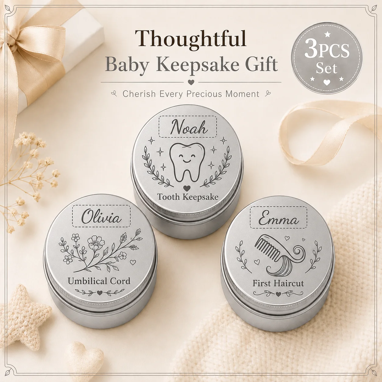 3Pcs Custom Tooth Fairy Storage Boxes, Baby Teeth, Umbilical Cord, and Fetal Hair Keepsake Boxes, Birth Souvenirs, Home Decorations, Are an Excellent Choice for Birthday Gifts, and Are Ideal Gifts for New Parents Product Set with 3 Different Design Styles, 3 Different Colors to Choose From, Birth Souvenir, Gift for New Parents, Pregnancy