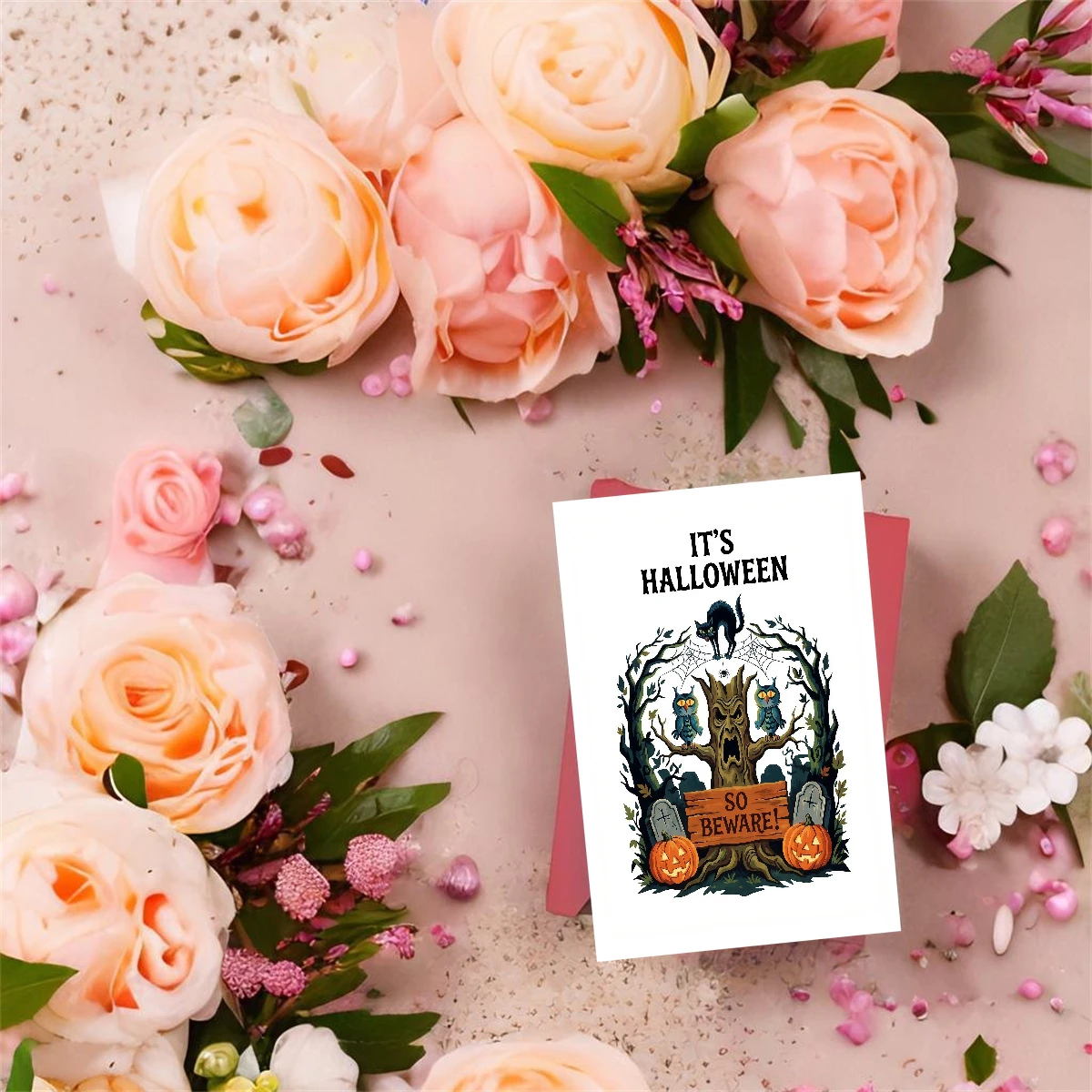 A fun Halloween greeting card, perfect for friends or partners—design features a spooky black cat and pumpkin cartoon