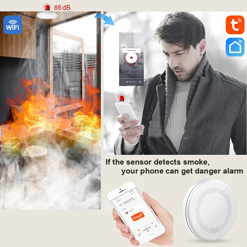 Design ultrasottile Funzione WiFi Tuya Rilevatore di fumo di sicurezza intelligente Allarme sonoro da cucina Dispositivo di avviso sensore