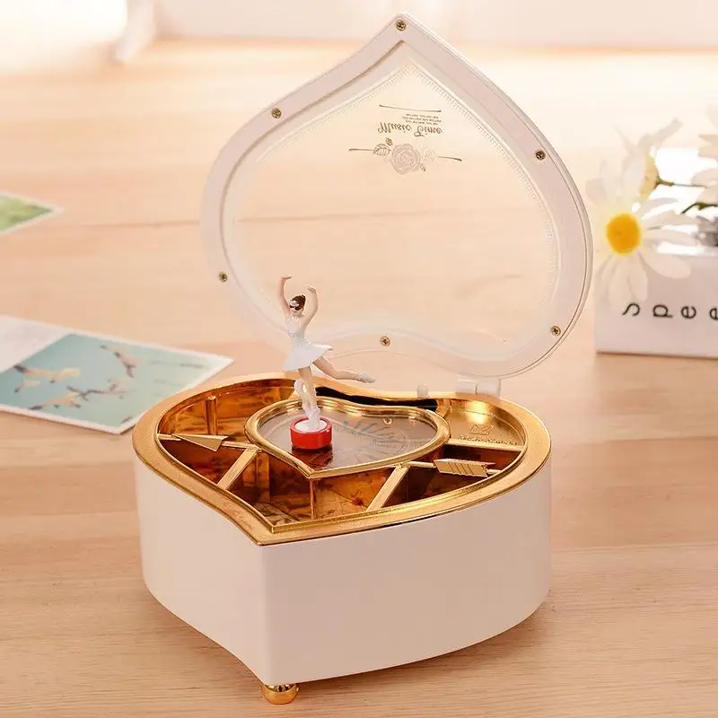 1Pc Heart Shape Dancing Ballerina Music Box Plastic Jewellery Box Girls Carousel Hand Crank Music Box