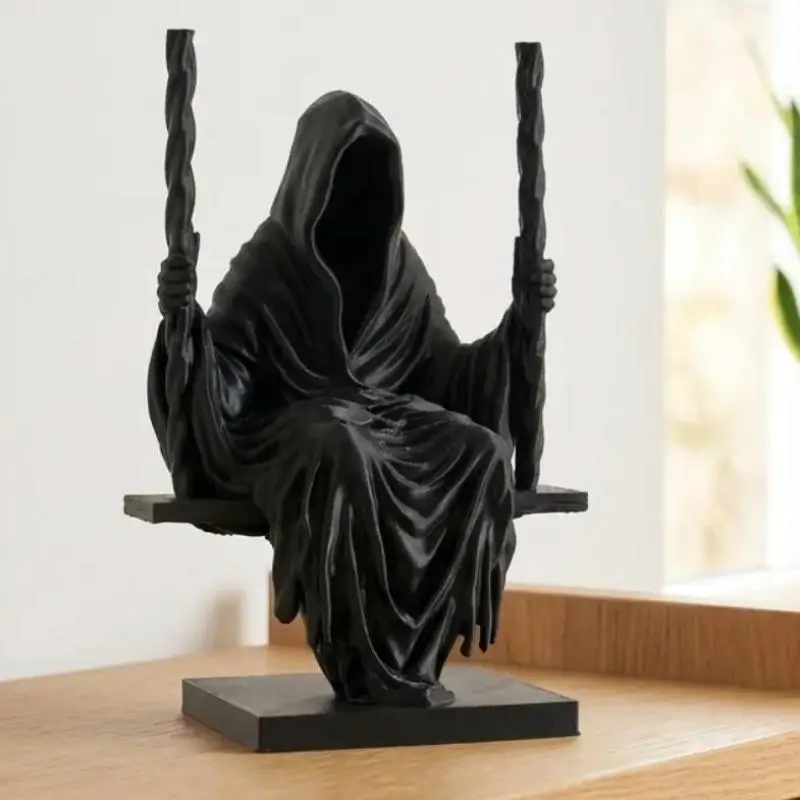 Swing Grim Reaper Statue Resin Black Hooded Miniature Figurine Halloween Home Desktop Ornaments Gothic Decor
