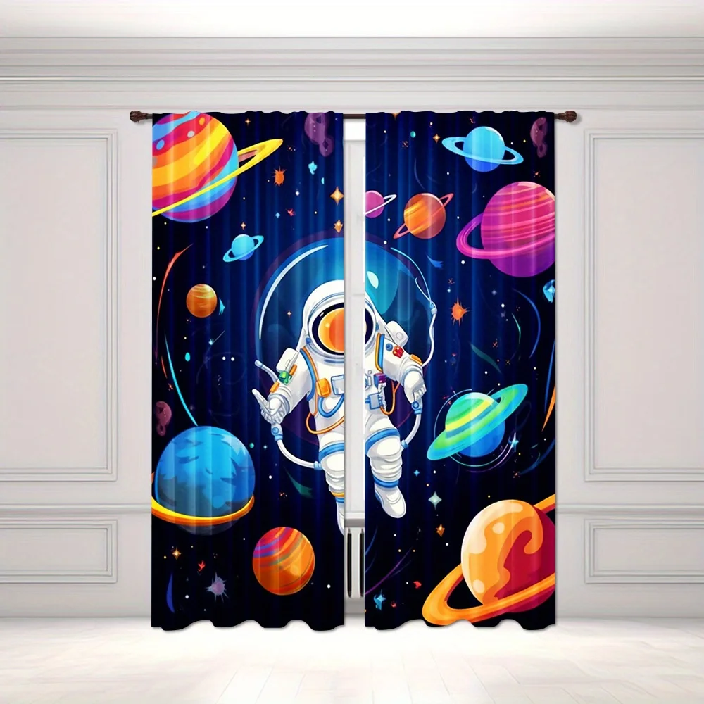 Astronaut Space Curtain, Colorful Planet Galaxy Window Drape, Kids Room Sci-Fi Decor Cartoon Universe Background for Boy Bedroom