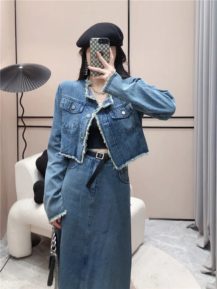 Y2k Suit Women\'s Spring Autumn Temperament Fashion 2023 New Korean Style Long Sleeve Blue Denim Jacket + High Waist Denim Skirt