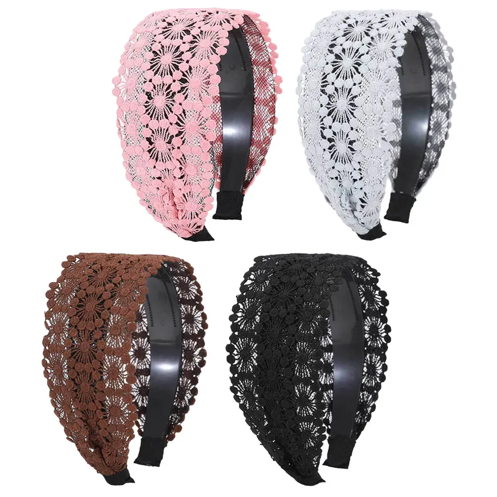 

4pcs Anti-slip Headbands Wide for Women Pink Gray Portable Lace Headdress Hair Accessories Stylish Embroidery Hair