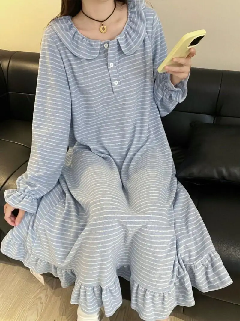 autumn winter Women's pajamas fleece-lined keep warm minimalist stripe Sleepwear leisure long style nightdress girl homewear