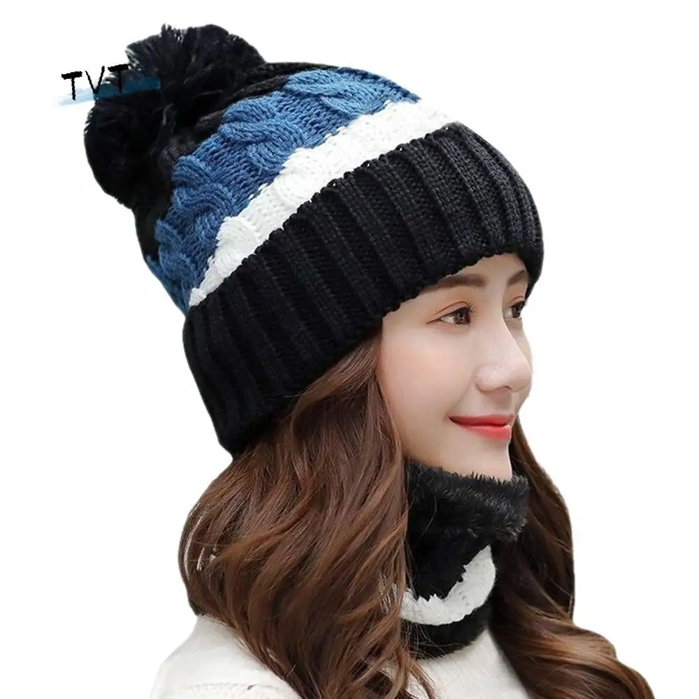 

Versatile Coral Fleece Scarf and Hat Set Soft Elastic Hooded Thermal Cap Thickened Ball Top Cold Proof Scarf Keep Warm