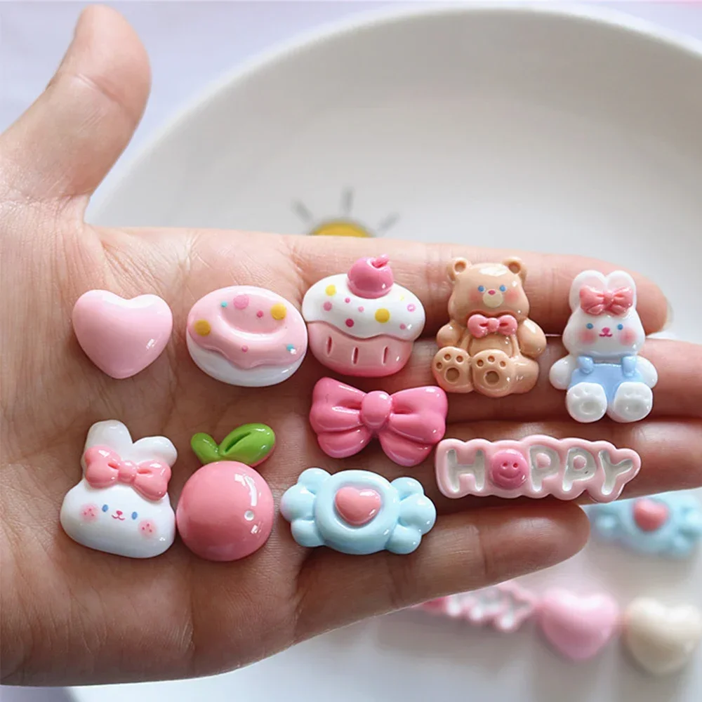 10PCS Kawaii Shiny Candy Rabbit Miniature Flat Back Resin Cabochons For Hairpin Scrapbooking DIY Home Decor Craft Accessories