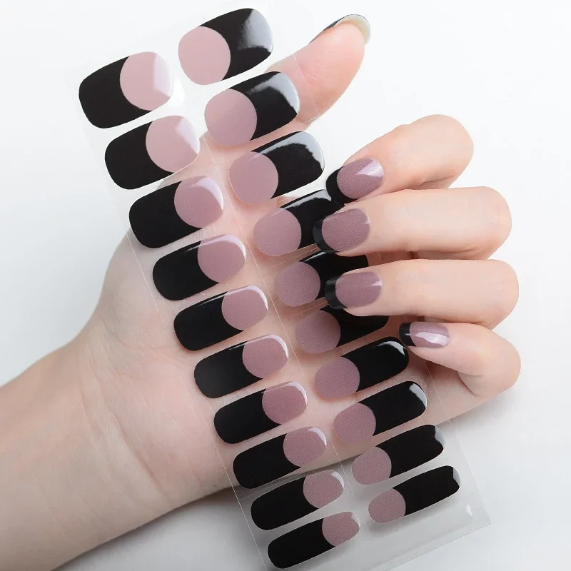 Zwarte Stijl Semi-Cured Gel Nagel Patch Zelfklevende Sliders Langdurige Volledige Dekking Nagel Stcikers Uv Lamp Neede Franse Manicure