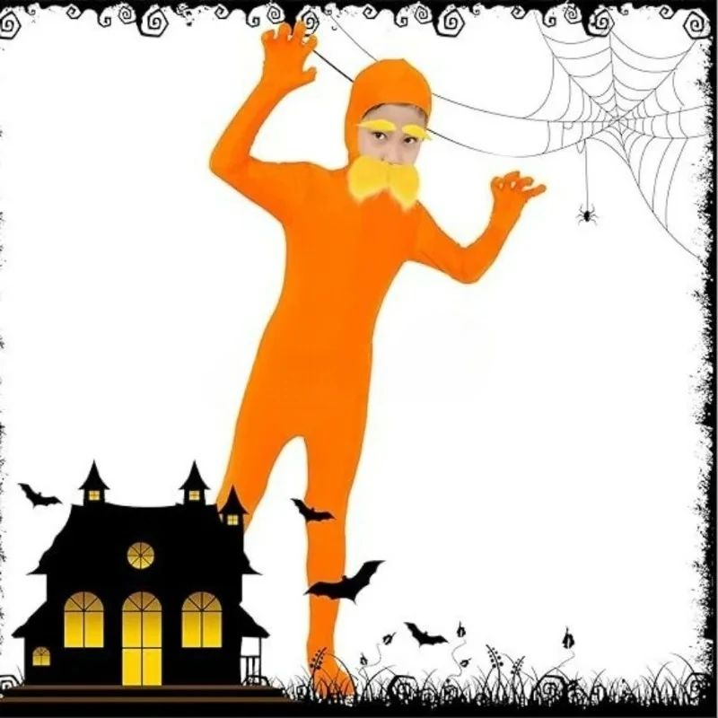 Halloween cosplay Party Jumpsuit Orange Costume Yellow Moustache and Eyebrow Baring Orange Bodysuit Masquerade Outfits