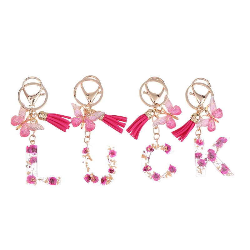 Bags Charms A-Z Pink Dry Flower Letters Keychain Tassel Butterfly Pendant Initial Keyring For Women Purse Suspension Key Chain