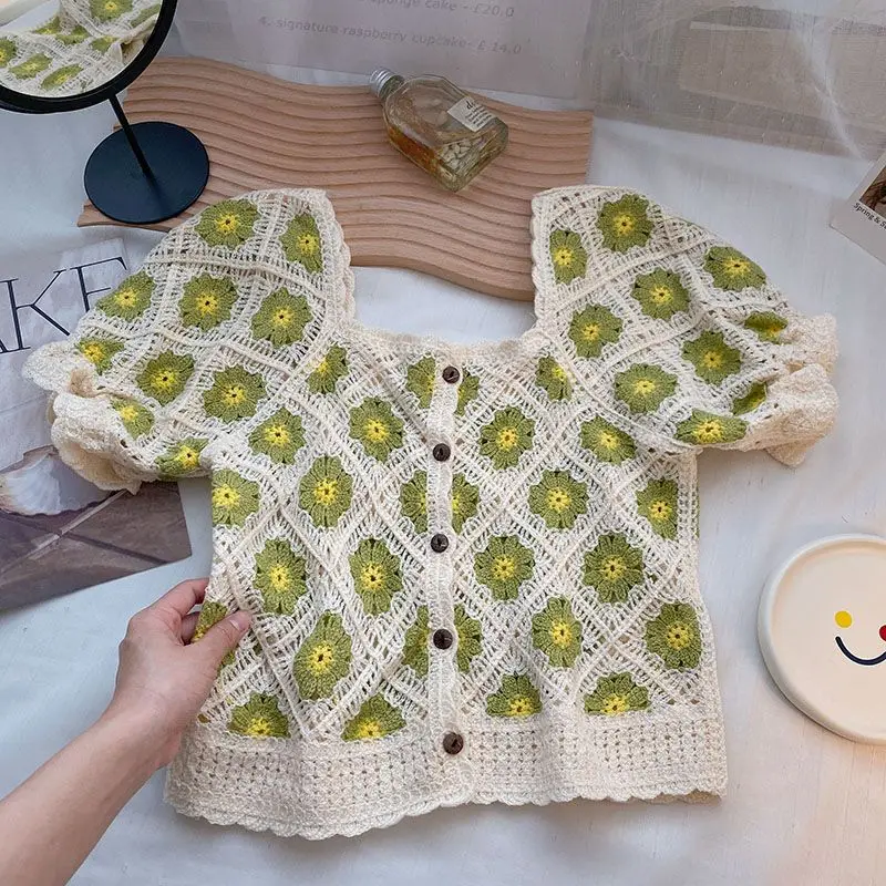 Granny Square Crochet Top Puff Sleeve Square Neck Button Front Open-knit Blouse Crop Cardigan Women Teengirl Fairycore Outfit