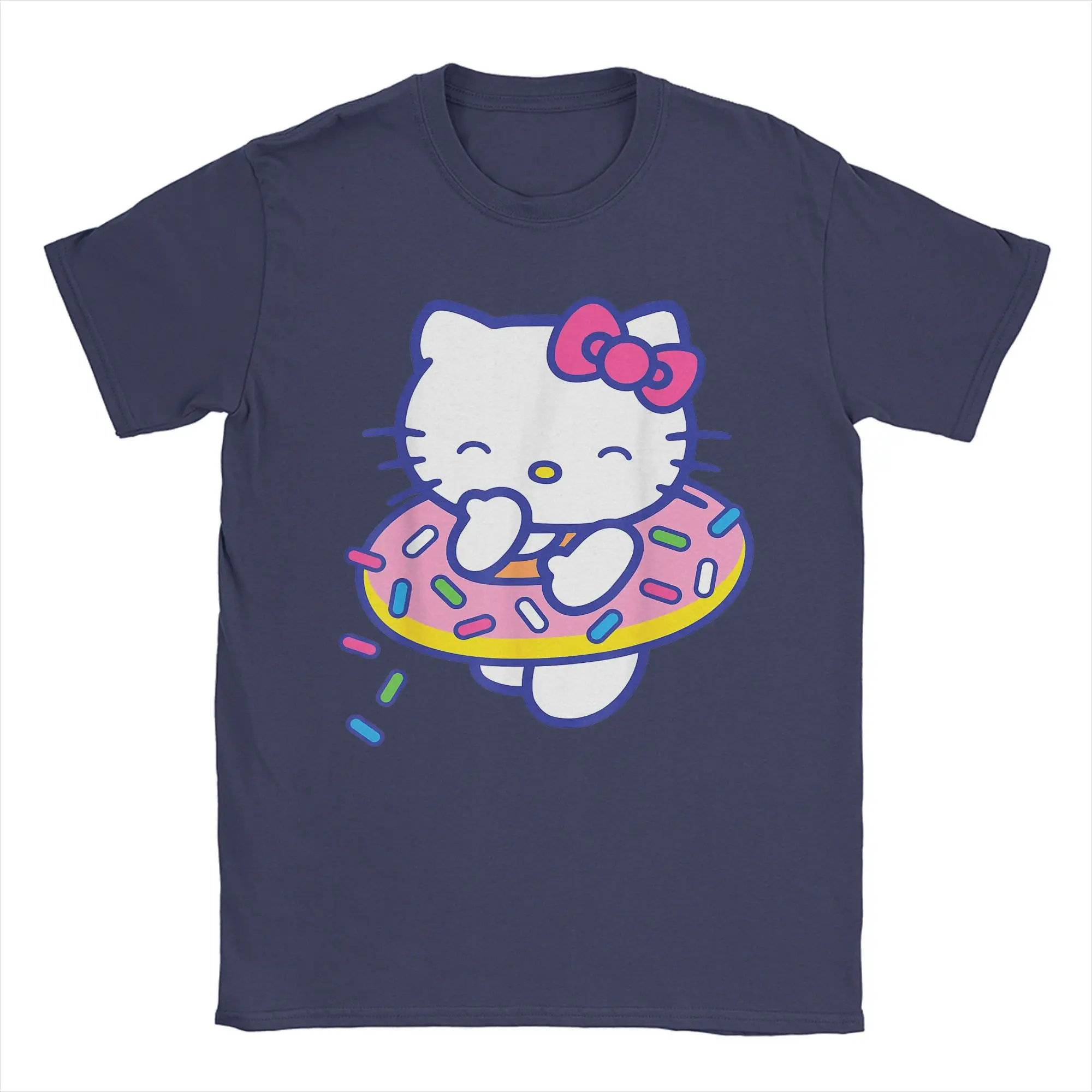 Hello Kitty Donut Sprinkles Floaty T-Shirts for Men Women  Crazy Pure Cotton Tee Shirt O Neck Short Sleeve T Shirt Gift Tops