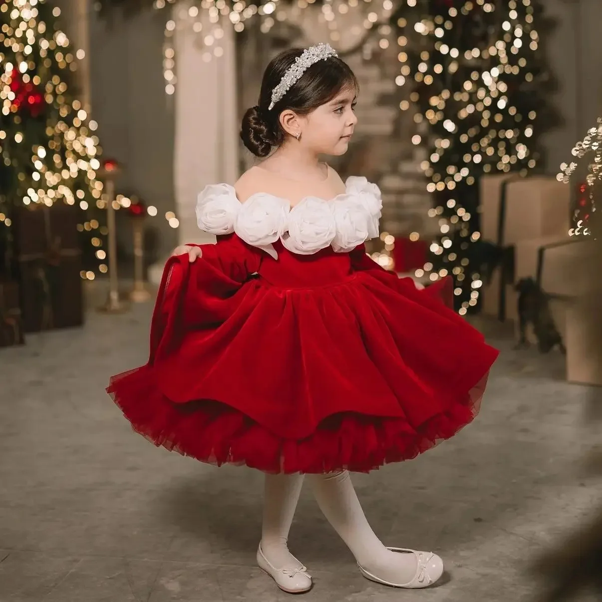 Vintage Red Girls Princess Dress - Chic Tulle Tutu Christmas Birthday Host Stylish Formal Gown Photo Shoot Clothes
