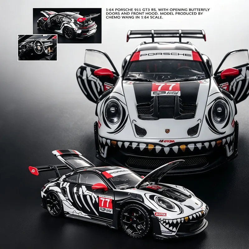 Demon King Auto 1/64 Porsche 911 GT3 RS Bone Dragon #77 Full Open Diecast Car Model Alloy Simulation Collection Toy Gift