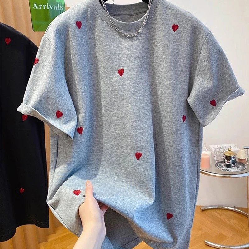 Verão amor bordado masculino o pescoço manga curta t camisa adolescente moda all-match 2xl roupas de casal de grandes dimensões preto branco cinza