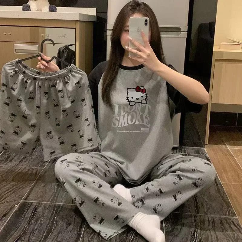 

"Hello Kitty Hello Kitty женская домашняя одежда из трех предметов, летняя тонкая одежда из чистого хлопка с короткими рукавами, милая домашняя повседневная спортивная одежда