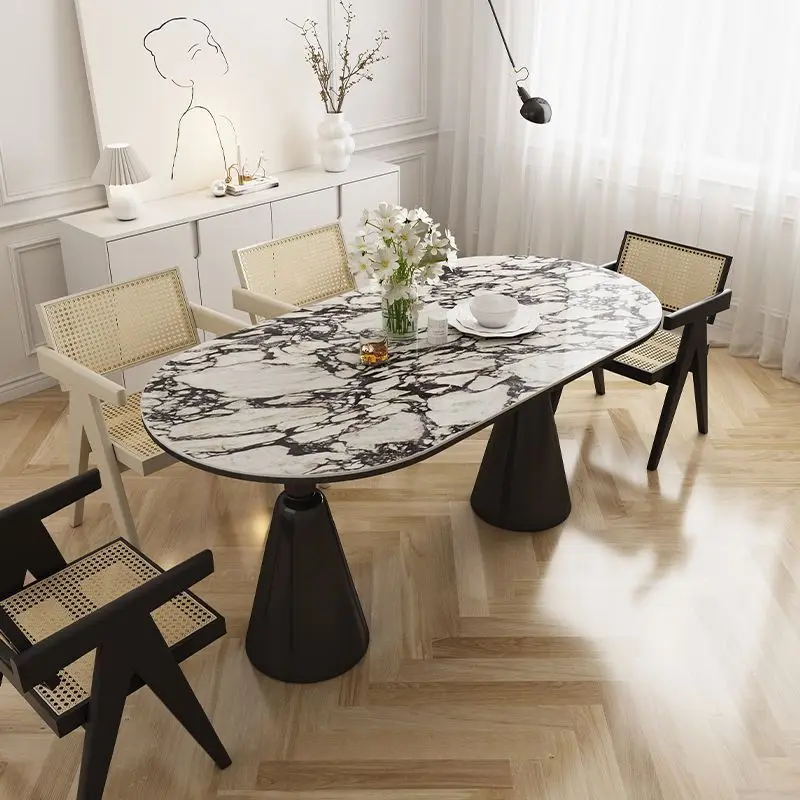

French light luxury rock slab Holy Grail dining table cream household dining table and chairs modern simple oval restaurant new