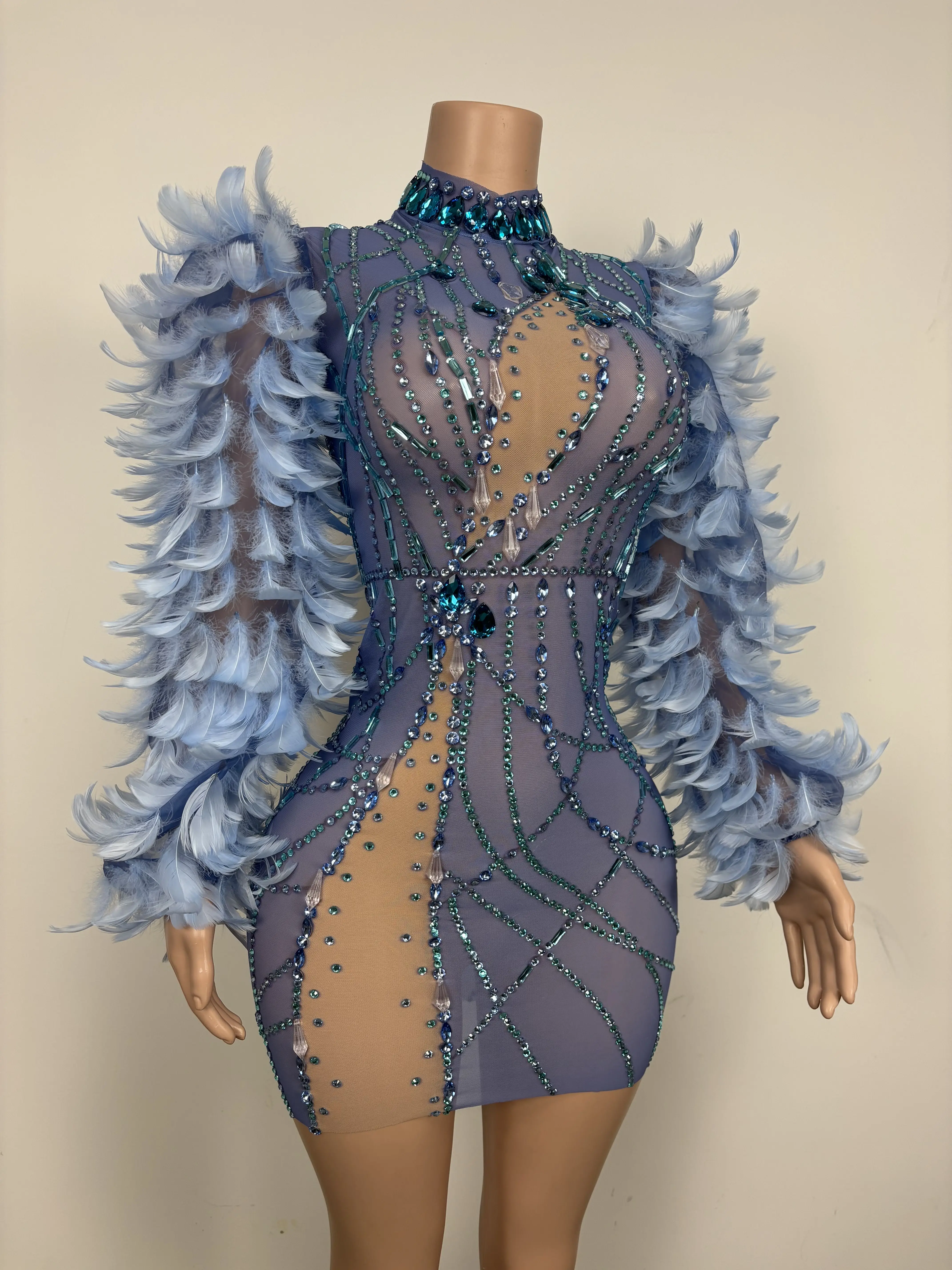 Sexy Stage Mesh Stretch Dress Women Rhinestone Singer Dance Costume Feather Sleeve Night Evening Party Birthday Queen Outfit