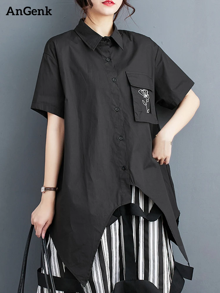 Irregular Black Vintage Print Oversized Shirt Women Short Sleeve Pocket Loose Casual Blouse Top Fashion Clothing New Summer 2024