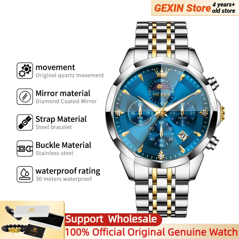 

OLEVS 3673 Mens Watch Multi functional Business Stainless steel Waterproof Quartz Watch Luxury Brand