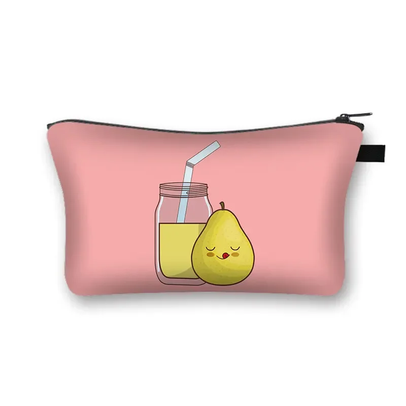 Cartoon Avocado Strawberries Print Cosmetic Bags Fruit Outdoor Portable Makeup Bag Cute Practical Storage Bag