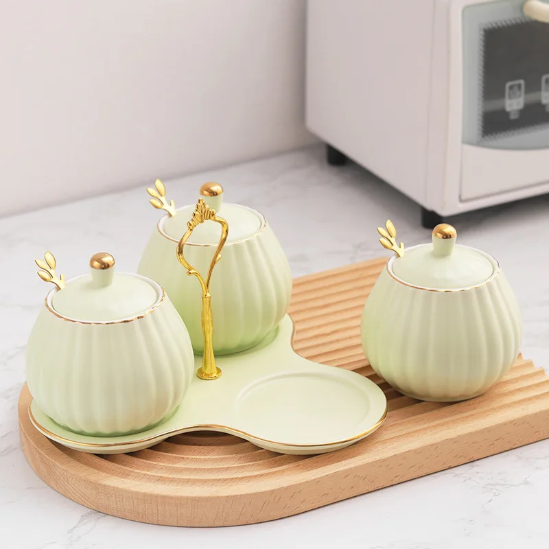 Kitchen Storage Containers Ceramic Jar with Lid Seasoning Box Salt and Pepper Shaker Sugar Bowl Household Products 3 Piece Set