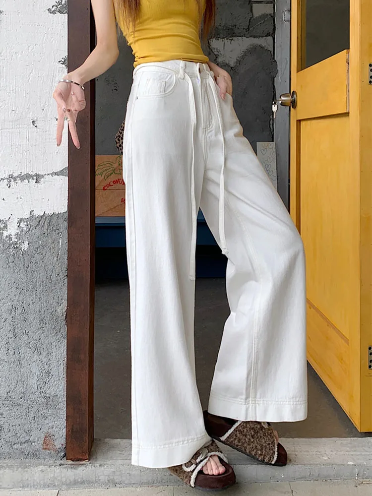 กางเกงยีนส์วินเทจทรงหลวมเอวสูงแบบมีเชือกผูกสำหรับผู้หญิง สไตล์ลำลอง สตรีทแวร์ แฟชั่นทรงตรง