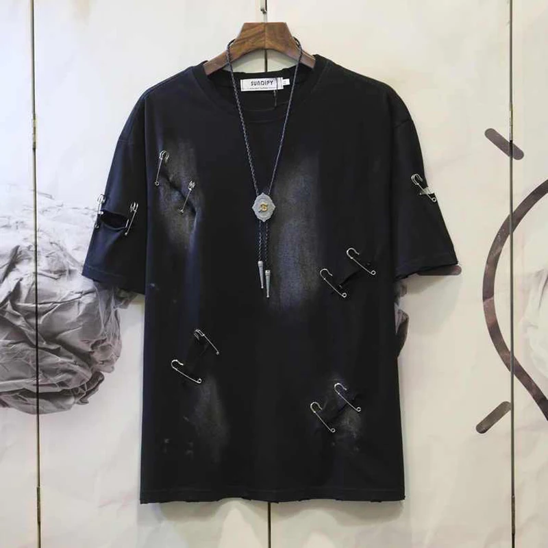 

Summer Ripped Hole Pin Short Sleeve Men O Neck T Shirts Hollow Out Fashion Personality Grunge Clothes 2xl Oversized Streetwears