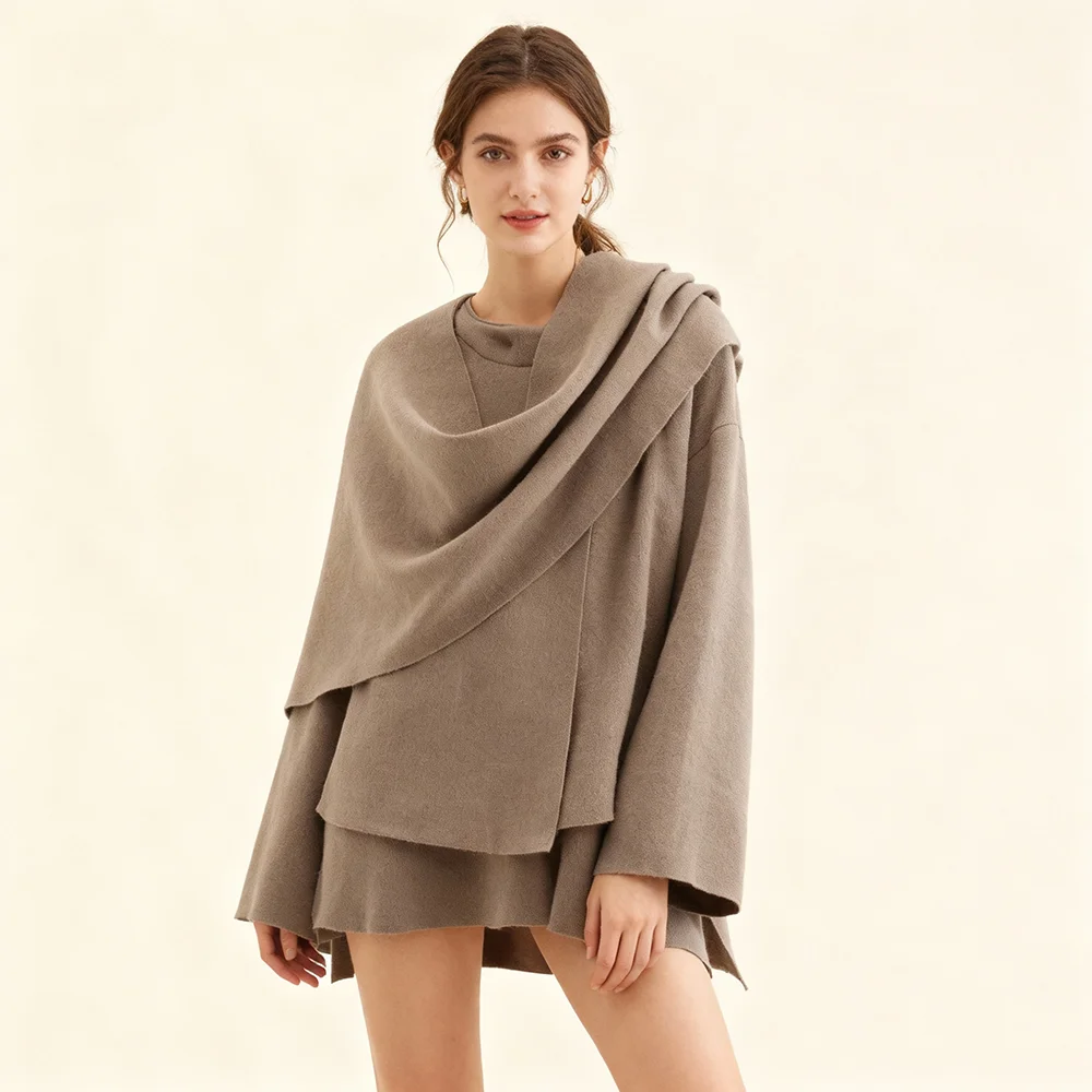 PRINTKAOIR Dámská podzimní zimní bunda Dámský ležérní kabát s pleteným volným oversize kabátem a asymetrickým rozdělením, elegantní šálou - náhled 4