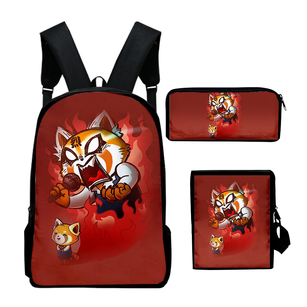 Aggretsuko-Mochila clásica con estampado 3D de Anime, bolso escolar para pupilas, mochila para portátil, bolso de hombro inclinado, estuche para lápices, 3 unidades por juego