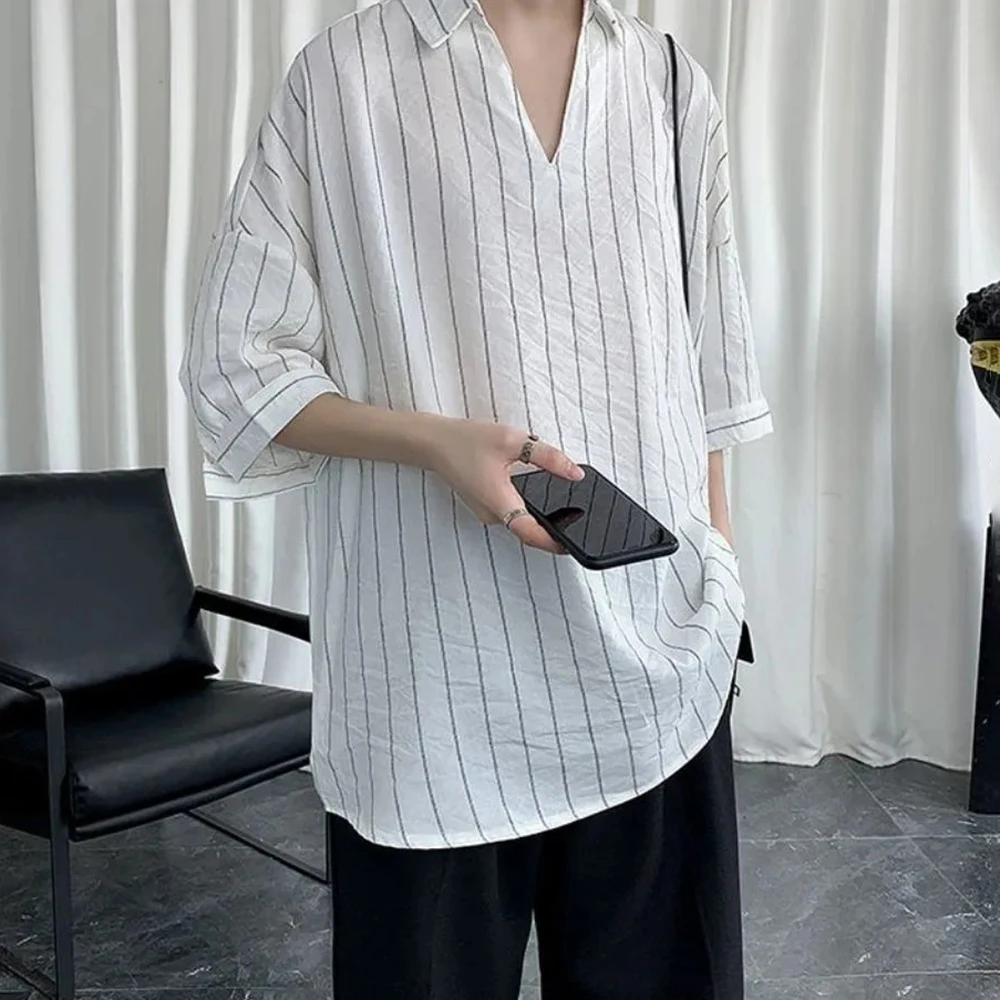 

XS-5XL Spring New Men's Striped Short-Sleeve Shirt American Retro Fashion Trendy High Street Loose Casual Niche Men's Top