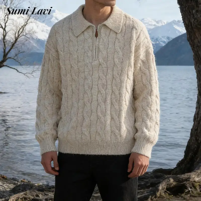 

Винтажные вязаные свитера поло, мужские зимние свитера для отдыха, однотонные вязаные рубашки поло на молнии с лацканами, мужские стильные пуловеры, топы