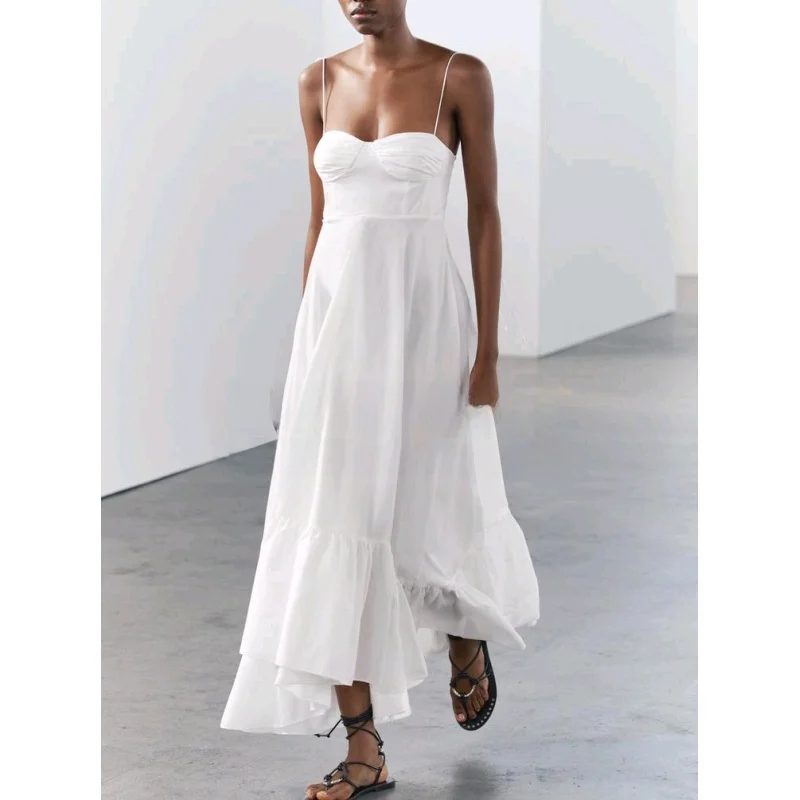 Vestido longo de seda sem mangas com decoração em camadas de laço de borboleta e gola de coração branca, estilo primavera, ci...