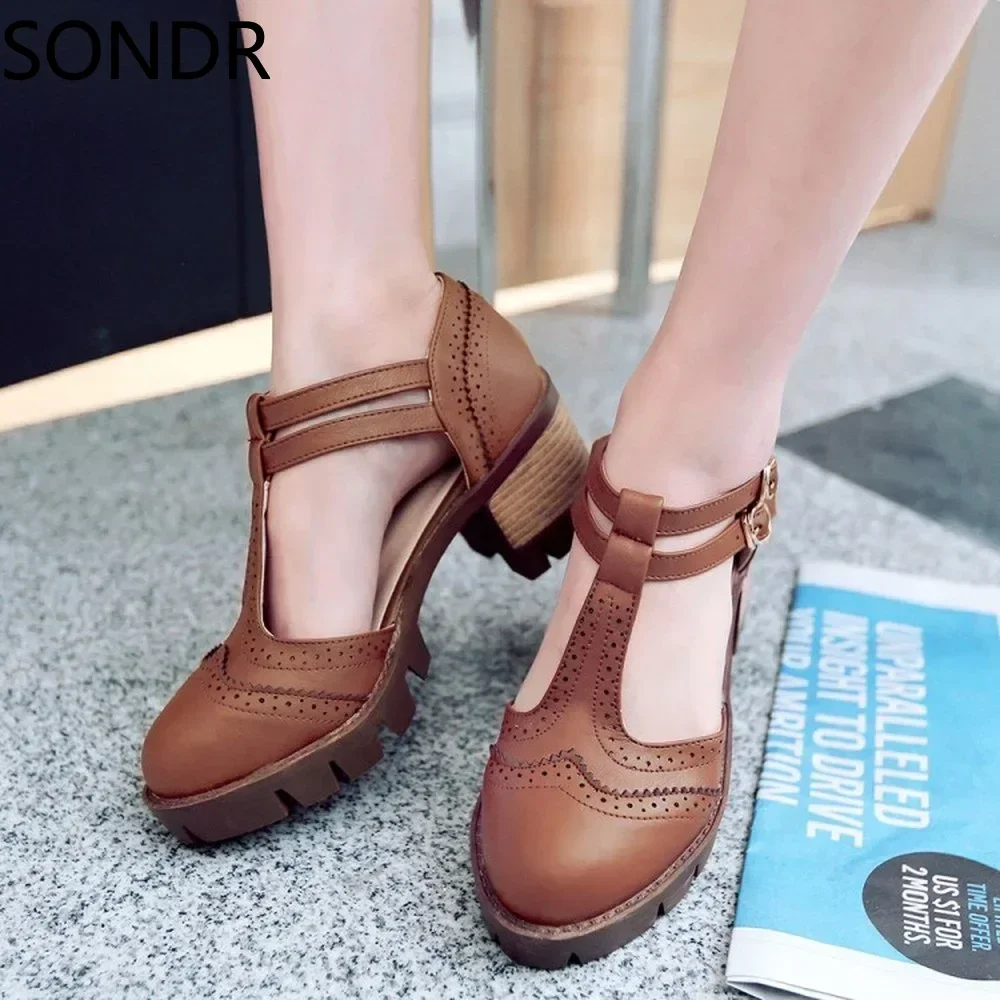 US4-11 Womens Carved T-straps Oxfords Block High Heel Brogue Block High Heel Shoes Retro Plus Size 4Colors New 2024