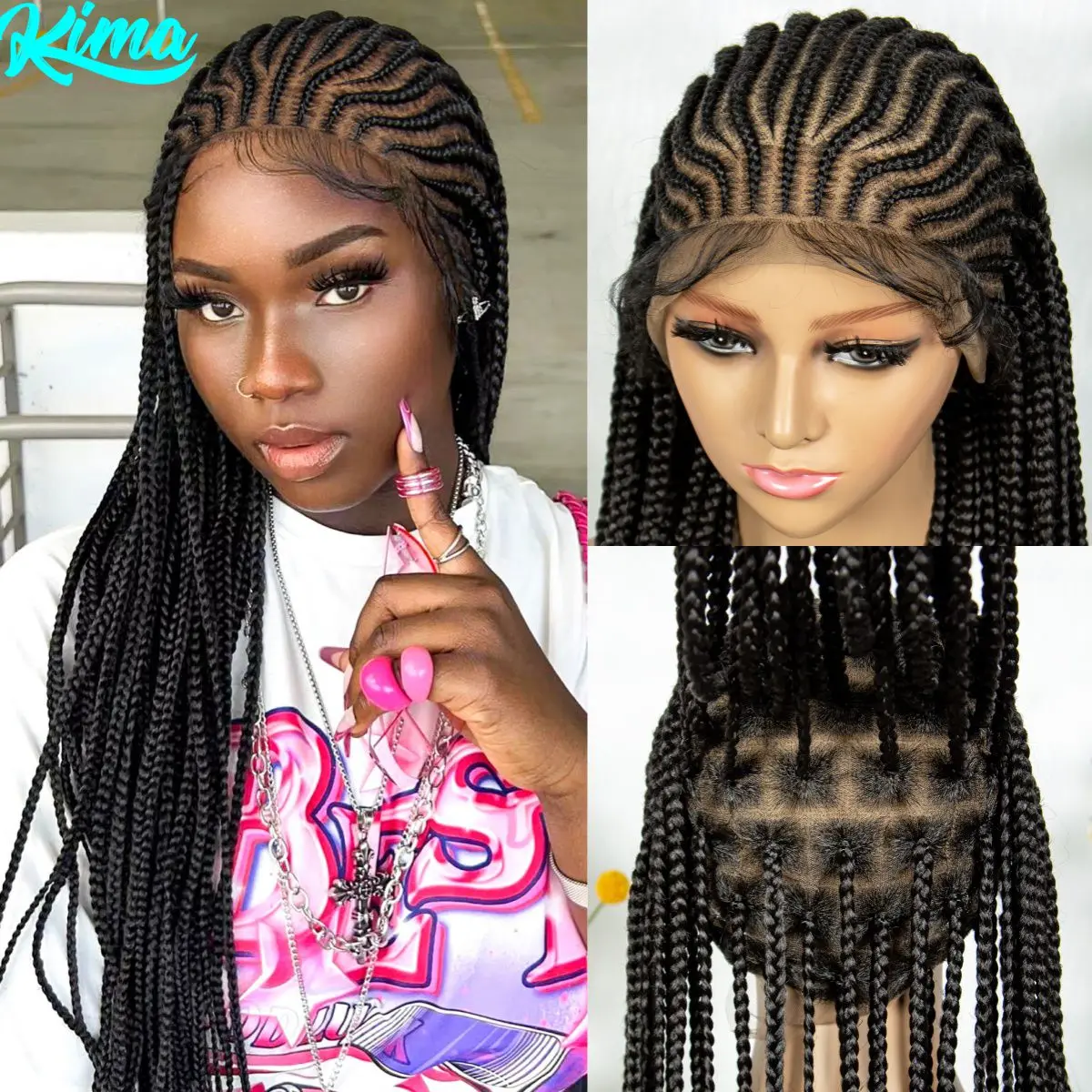 34inch Handmade Cornrow Braided Wigs Full Lace Braids Wig Synthetic Knotless Box Braided Lace Wig with Baby Hair For Black Women