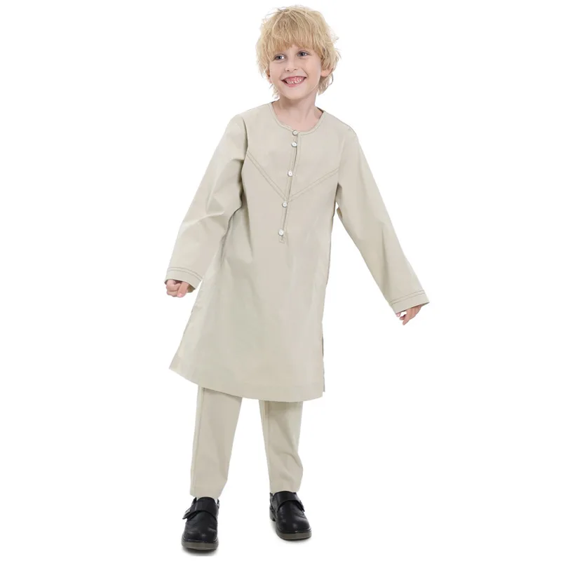 Terno muçulmano para crianças, robe infantil, menino, o pescoço, manga comprida, camisa de cor lisa, kaftan abaya, juba thobe, roupa islâmica, conjunto de 2 peças