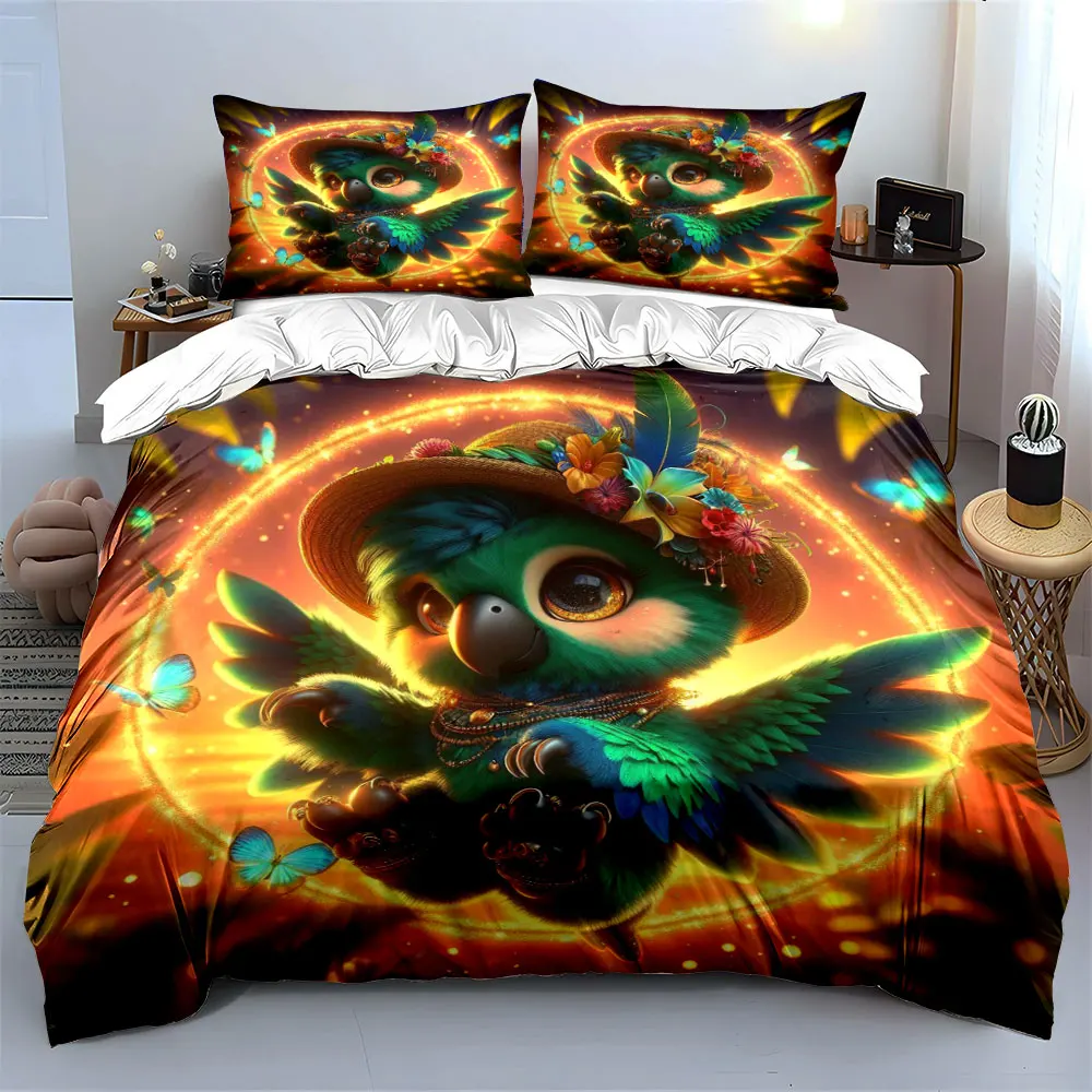 Vibrant parrot with floral hat flying Duvet Cover Set with 3D Printing Design Soft Polyester Bedding Set All-Season Comfort