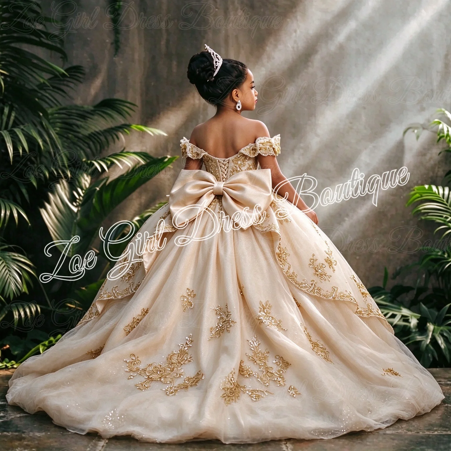 Champagne First Communion Dresses with Bow Gold Lace Applique Girls Pageant Ball Gown Flower Girl Dress for Wedding Customized