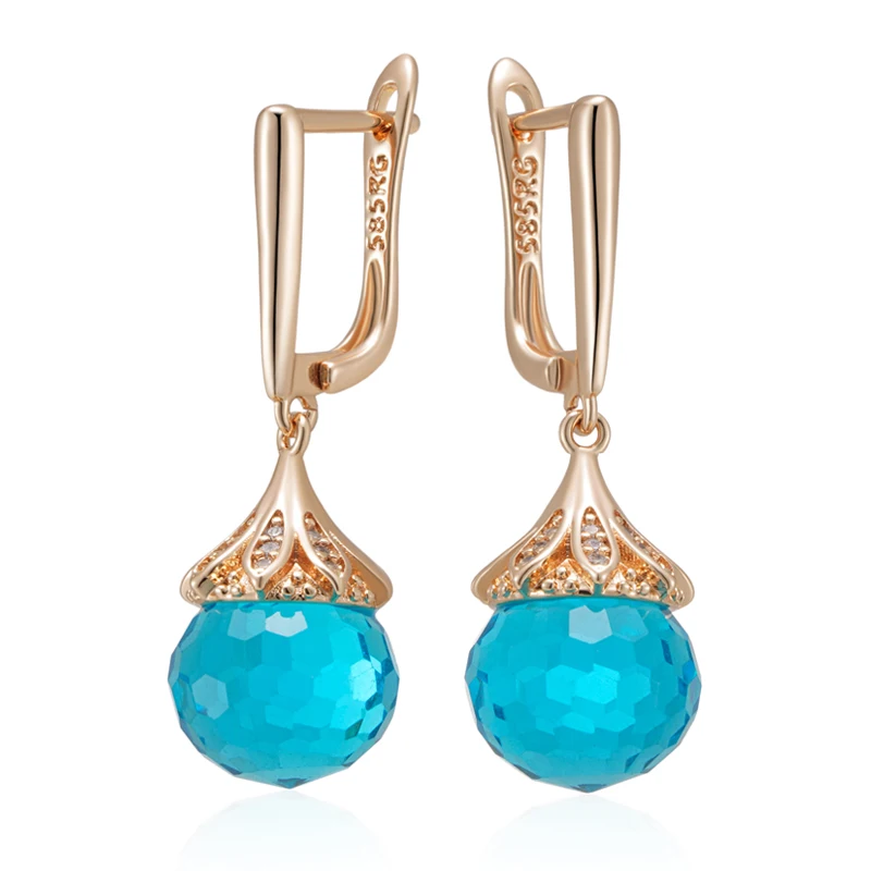 Kinel Hot Luxury Blue Crystal Ball Drop Earrings Women Trendy 585 Rose Gold Color Natural Zircon Accessories Daily Fine Jewelry