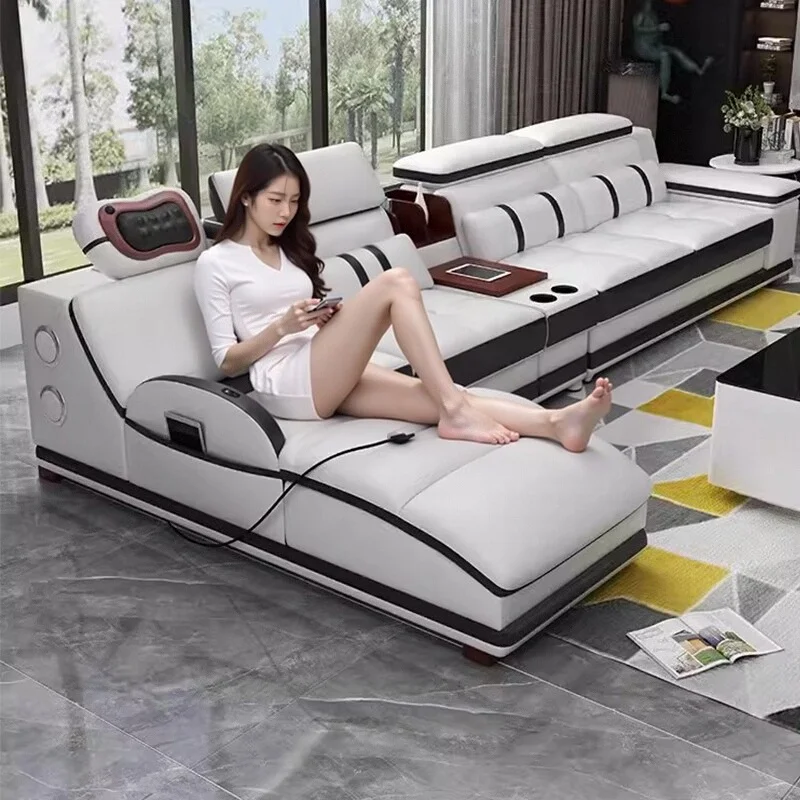 

Italian Genuine Leather Sectional Sofa with Bluetooth Speaker Functional Headrest Massage Chaise L Shape Corner Sofas