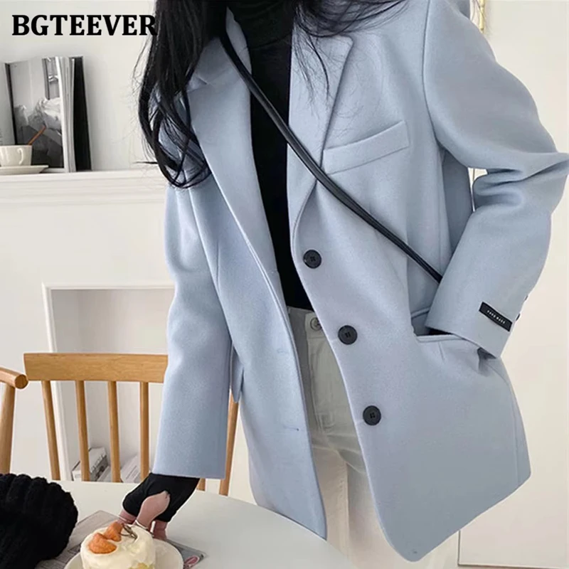 BGTEEVER Casual Notched Collar Women Woolen Jackets Elegant Long Sleeve Single-breasted Blend Coats Female Autumn Winter Coat