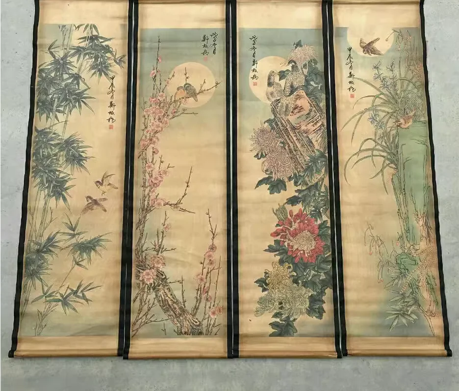 Plum Orchid bamboo chrysanthemum bird picture four screens hung in the hall painter with the living room room decoration antique